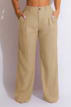 Khakifarbene, lässige, solide Patchwork-Hose mit hoher Taille, gerade und einfarbig
