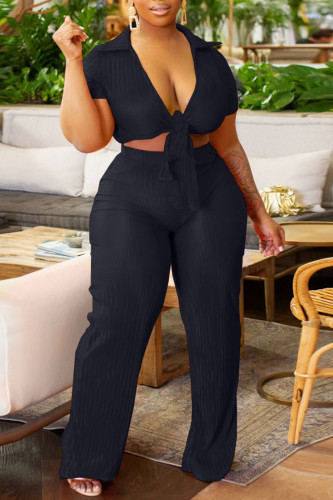Black Casual Solid Bandage Patchwork V Neck Short Sleeve Two Pieces Front Tie Crop Tops And Pants Sets
