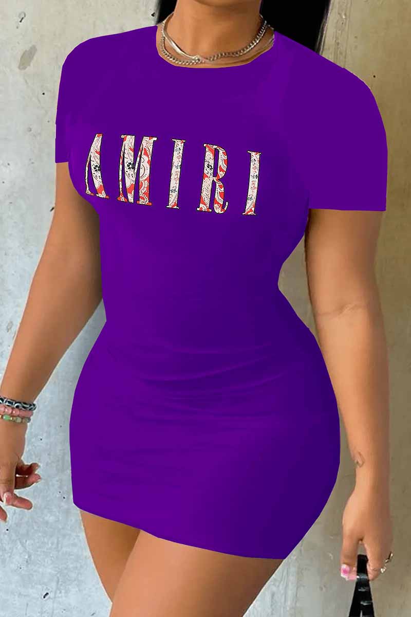 

Purple Casual Print Letter O Neck One Step Skirt Dresses