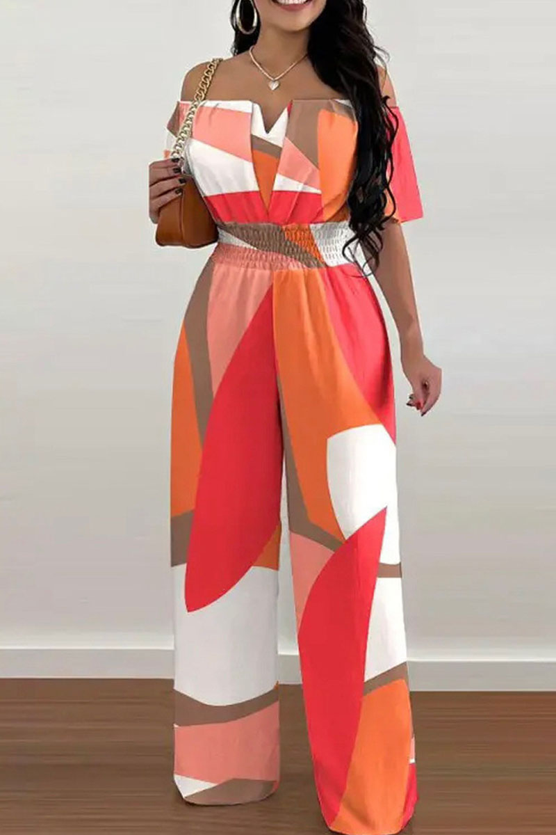 

Tangerine Red Casual Print Patchwork Off the Shoulder Straight Jumpsuits