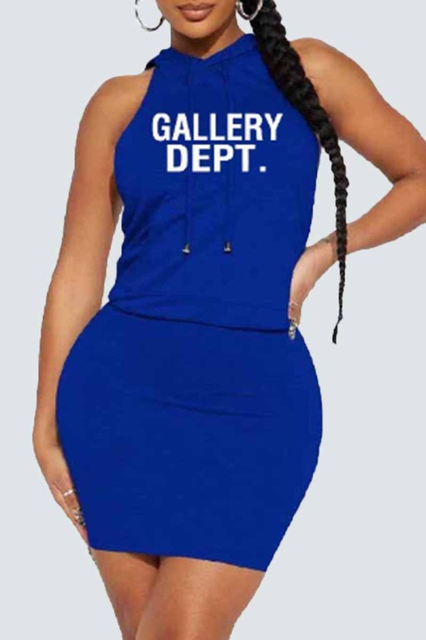 ブルー ストリート プリント バックレス フード付きカラー ワンステップ スカート ドレス