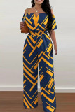 Blue Casual Print Patchwork Off the Shoulder Straight Jumpsuits