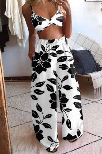 Black White Sexy Print Patchwork Spaghetti Strap Sleeveless Two Pieces