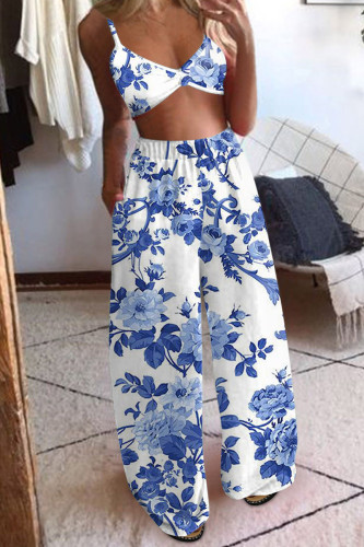 Light Blue Sexy Print Patchwork Spaghetti Strap Sleeveless Two Pieces