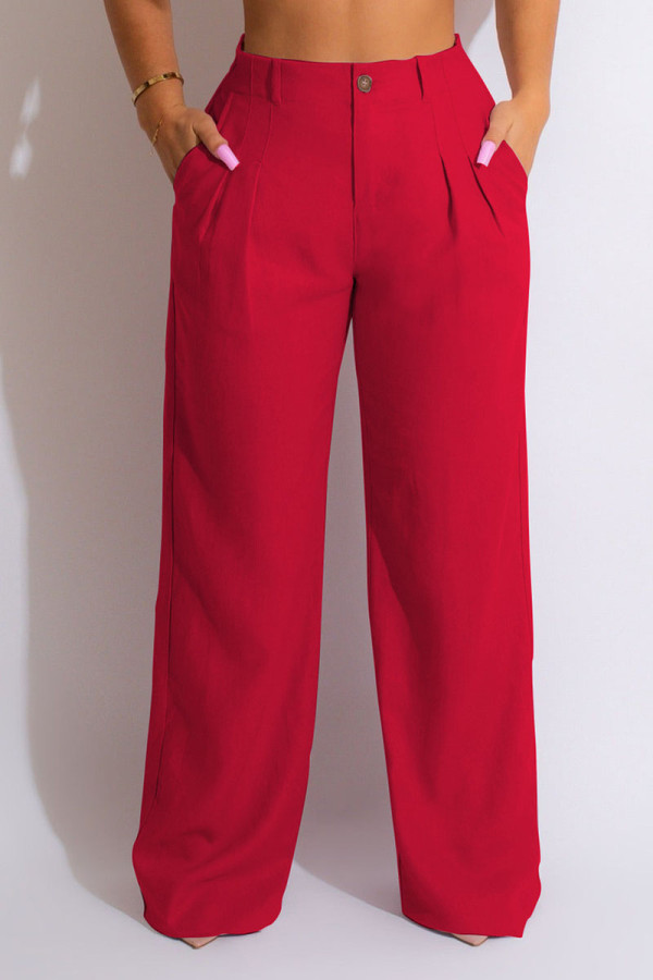 Pantalones de color sólido rectos de cintura alta de patchwork sólido informal rojo