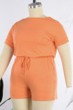Pink Casual Solid Patchwork O Neck Plus Size Jumpsuits