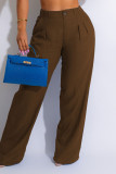 Pantalones de color sólido rectos de cintura alta de patchwork sólido informal azul