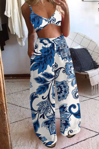 Blue White Sexy Print Patchwork Spaghetti Strap Sleeveless Two Pieces