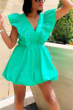 Green Plus Size Casual Sweet Solid Hollowed Out Flounce V Neck Bud