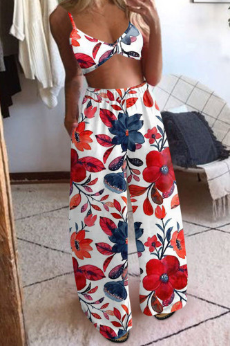 Red White Sexy Print Patchwork Spaghetti Strap Sleeveless Two Pieces