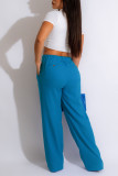 Pantalones de color sólido rectos de cintura alta de patchwork sólido informal azul
