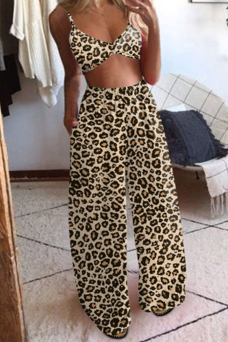 Leopard Print Sexy Print Patchwork Spaghetti Strap Sleeveless Two Pieces
