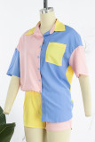 Green Casual Solid Patchwork Pocket Buckle Turndown Collar Short Sleeve Two Pieces