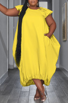 Желтое повседневное сплошное пэчворк с круглым вырезом асимметричное платье Платья больших размеров