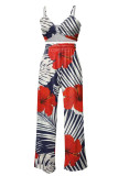 Blue Red Sexy Print Patchwork Spaghetti Strap Sleeveless Two Pieces