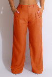 Tangerine Red Casual Sólido Patchwork Cintura alta Pantalones rectos de color sólido