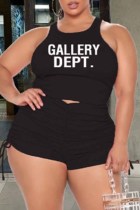 Black Sexy Print Fold Letter O Neck Plus Size Two Pieces