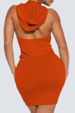 オレンジ ストリート プリント バックレス フード付きカラー ワンステップ スカート ドレス