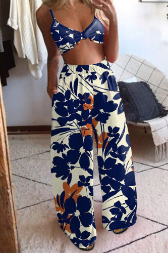 Dark Blue Sexy Print Patchwork Spaghetti Strap Sleeveless Two Pieces