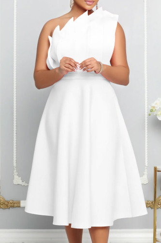 White Elegant Solid Patchwork Fold Oblique Collar Evening Dress Dresses