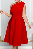 赤のエレガントな固体パッチワーク フォールド斜めカラー イブニング ドレス ドレス