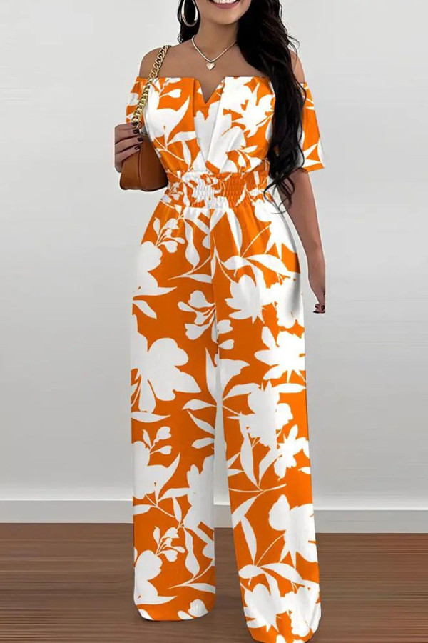 Orange Apricot Casual Print Patchwork Off-the-Shoulder Straight Jumpsuits