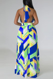 Green Sexy Print Patchwork Backless Fold Halter A Line Dresses