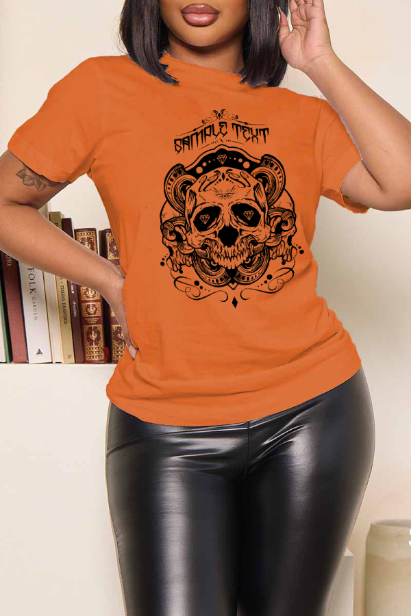 T-shirts à col rond orange Street Vintage Skull Patchwork