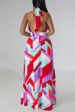Red Sexy Print Patchwork Backless Fold Halter A Line Abiti