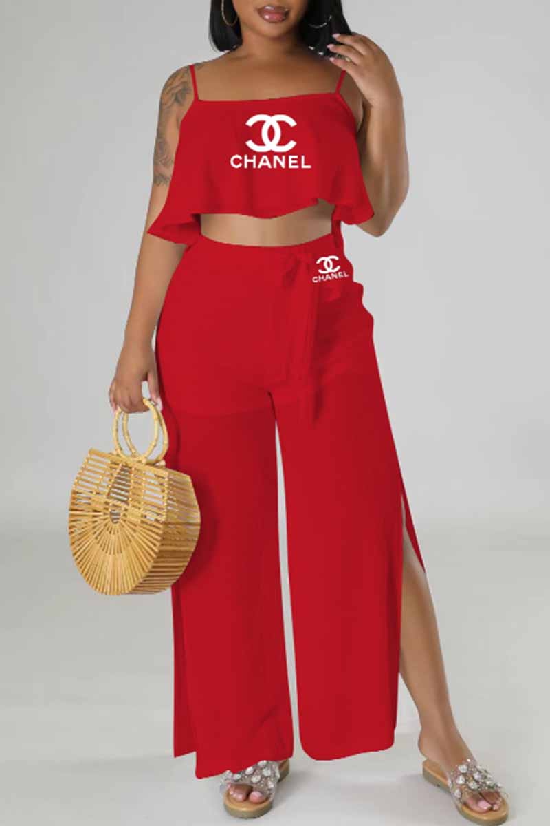 

Red Sexy Print Slit Letter Spaghetti Strap Sleeveless Two Pieces