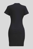 ブラック カジュアル プリント レター O ネック ワンステップ スカート ドレス