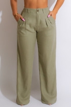 Hellgrüne, lässige, solide Patchwork-Hosen mit hoher Taille, gerade, einfarbige Unterteile