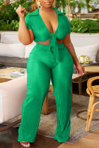 Green Casual Solid Bandage Patchwork V Neck Short Sleeve Two Pieces Front Tie Crop Tops And Pants Sets