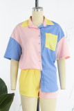 Yellow Casual Solid Patchwork Pocket Buckle Turndown Collar Short Sleeve Two Pieces