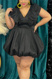 Black Plus Size Casual Sweet Solid Hollowed Out Flounce V Neck Bud