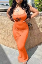 Оранжевый сексуальный принт с открытой спиной и разрезом на тонких бретелях, одноступенчатые юбки, платья