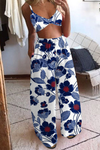 Blue Red Sexy Print Patchwork Spaghetti Strap Sleeveless Two Pieces