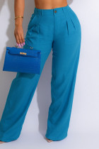 Calças retas de cor sólida azul casual patchwork cintura alta