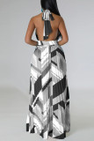 Nero Sexy Stampa Patchwork Backless Fold Halter A Line Abiti