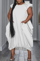 Vestido branco casual sólido patchwork com decote em O irregular vestidos tamanho grande