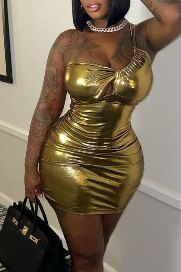 Золотые сексуальные сплошные выдолбленные лоскутные платья с косым воротником и юбкой-карандашом