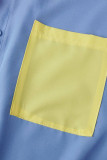 Gelber, lässiger, fester Patchwork-Taschenschnallen-Umlegekragen mit kurzen Ärmeln, zweiteilig