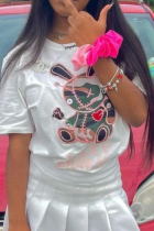 White Casual Cute Print Patchwork O Neck T-Shirts