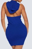 Blue Street Print Backless Hooded Collar One Step Skirt Dresses