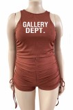 Coffee Sexy Print Fold Letter O Neck Plus Size Two Pieces