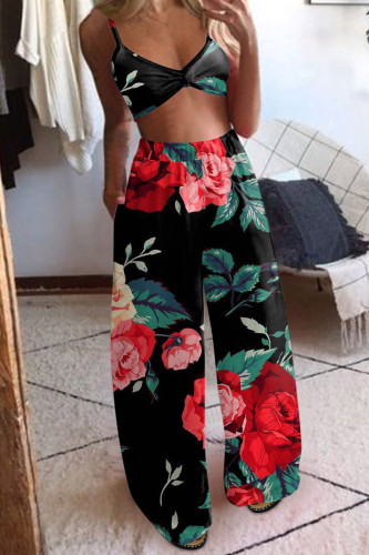 Black Red Sexy Print Patchwork Spaghetti Strap Sleeveless Two Pieces