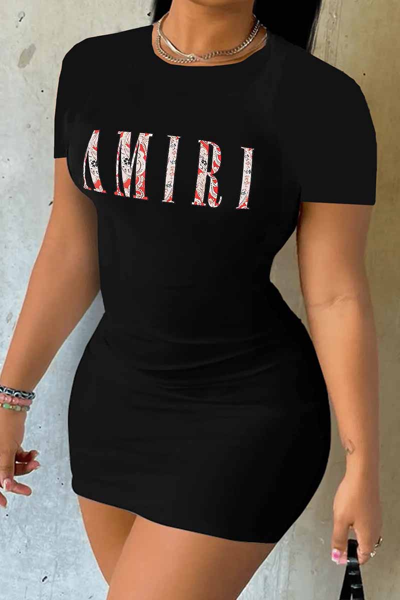 

Black Casual Print Letter O Neck One Step Skirt Dresses