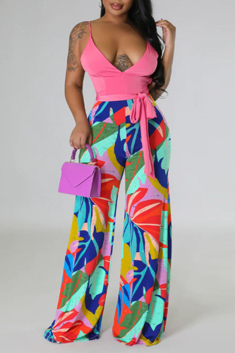 Pink Sexy Print Patchwork Spaghetti Strap Straight Jumpsuits