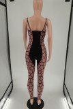 Black Sexy Solid Patchwork See-through Spaghetti Strap Skinny Jumpsuits