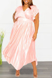 Roze casual effen patchwork V-hals geplooide grote maten jurken